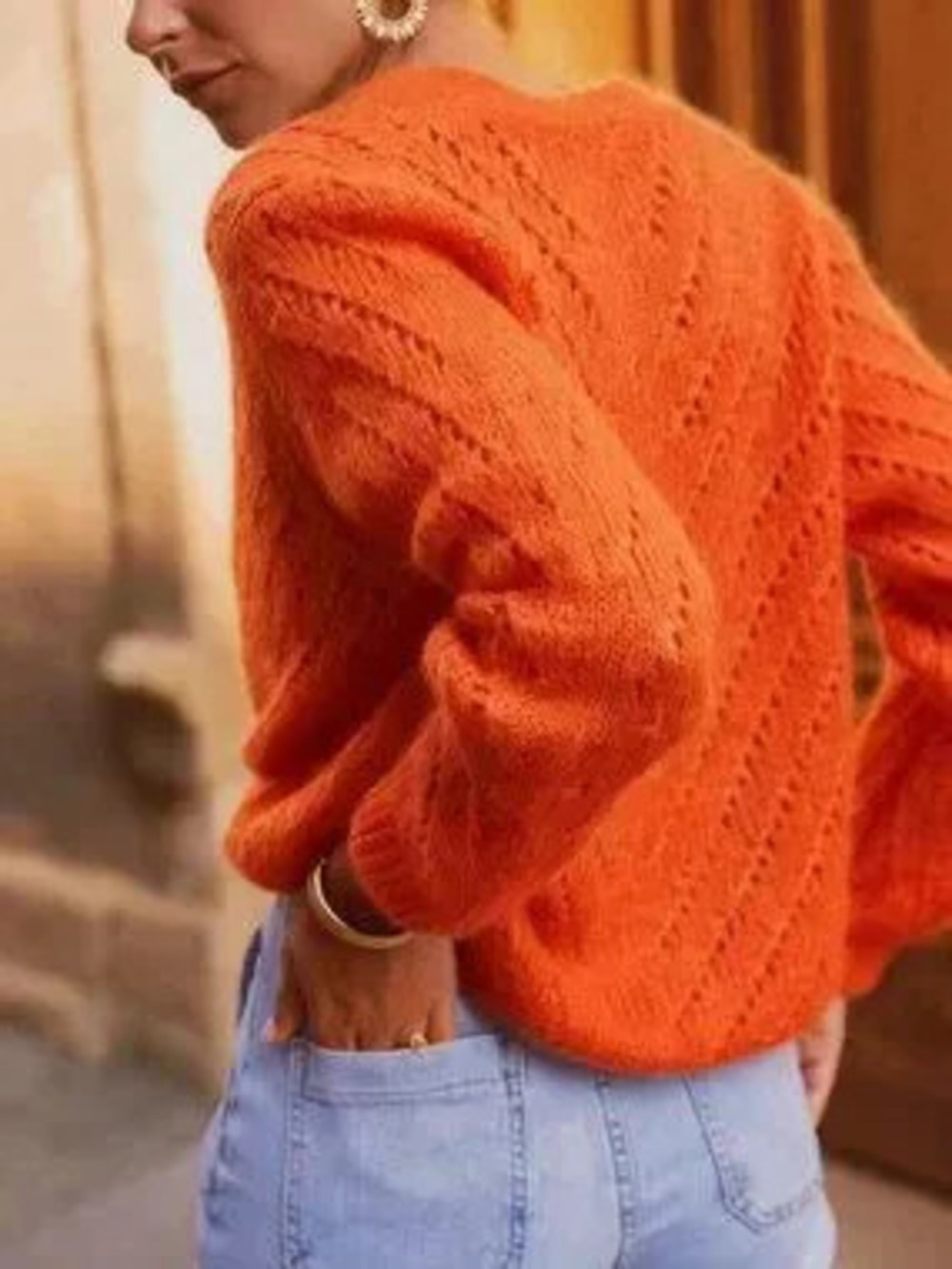 Orange Casual Women's Cardigan Long Sleeve Knit Sweater